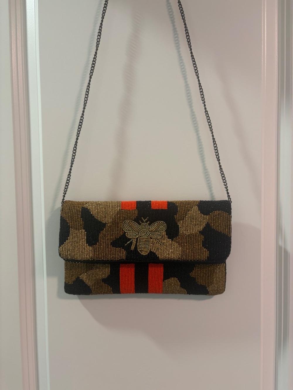 Beaded Camouflage Clutch with Bee Accent - Black, Bronze & Red